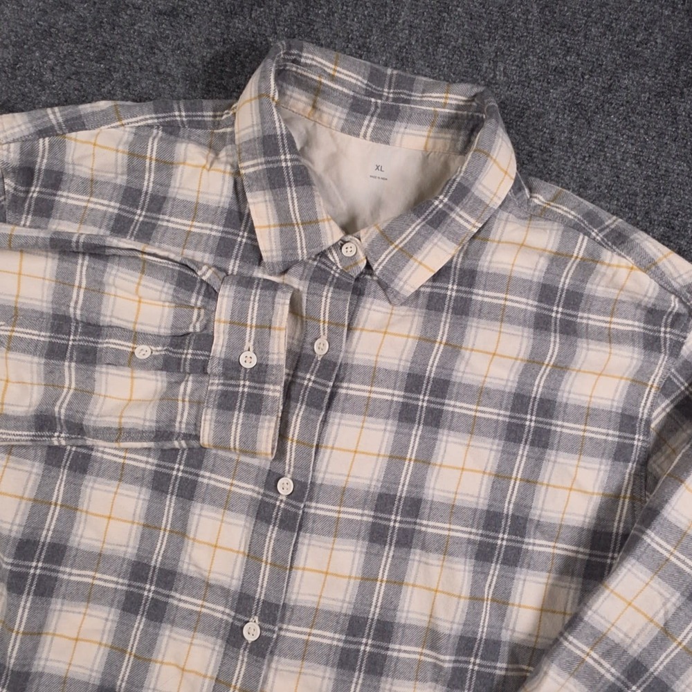 MUJI Flannel Button Down Shirt Womens XL Gray Plaid Long Sleeve